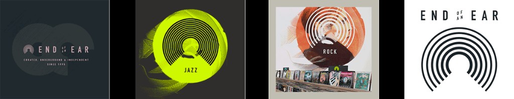 The End of an Ear mark applied across genre treatments — a navy lockup, a neon-yellow jazz record, an orange rock crate display, and the black logo
