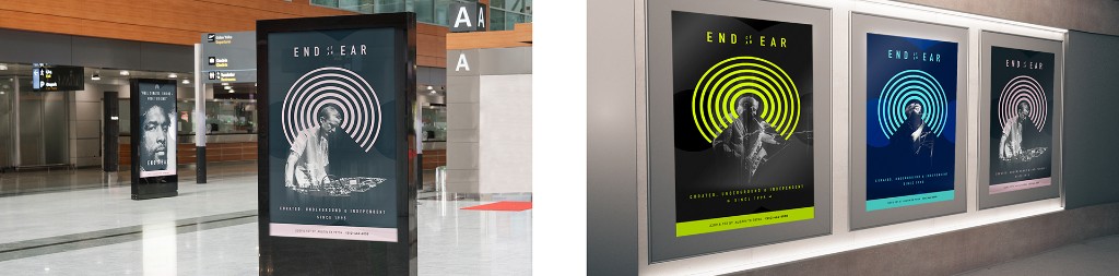 End of an Ear out-of-home placements — illuminated transit and wall posters featuring the concentric-arc mark in neon, blue, and pink colorways