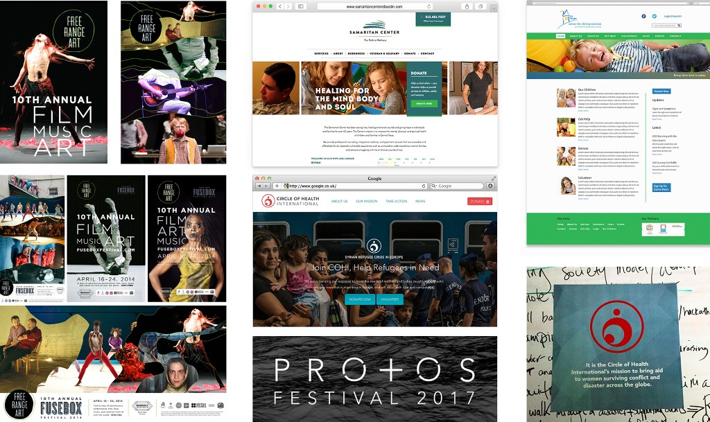 A collage of CreateAthon pro-bono work — event posters for the Free Range Art and Fusebox film festivals, the Samaritan Center and Circle of Health International websites, the Protos Festival identity, and a brand sketch